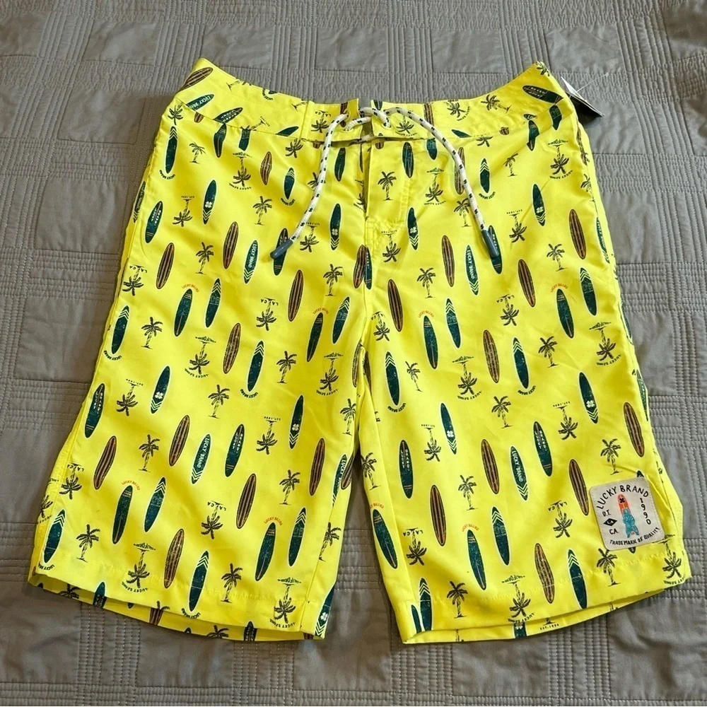 NEW Lucky Brand Boardshorts Boys Size 20 Yellow Surfboard Print Beach Swim